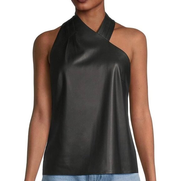 Milly Preston Pleated Vegan Leather Black Halter Top Medium $315 - Picture 2 of 10